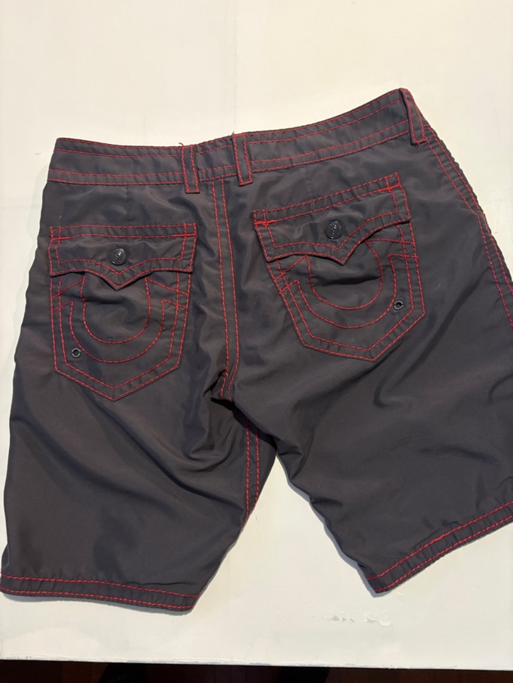 Men's Black TRUE RELIGION BOARD SHORTS with Red Stitching - GENTLY USED - Picture 2 of 5
